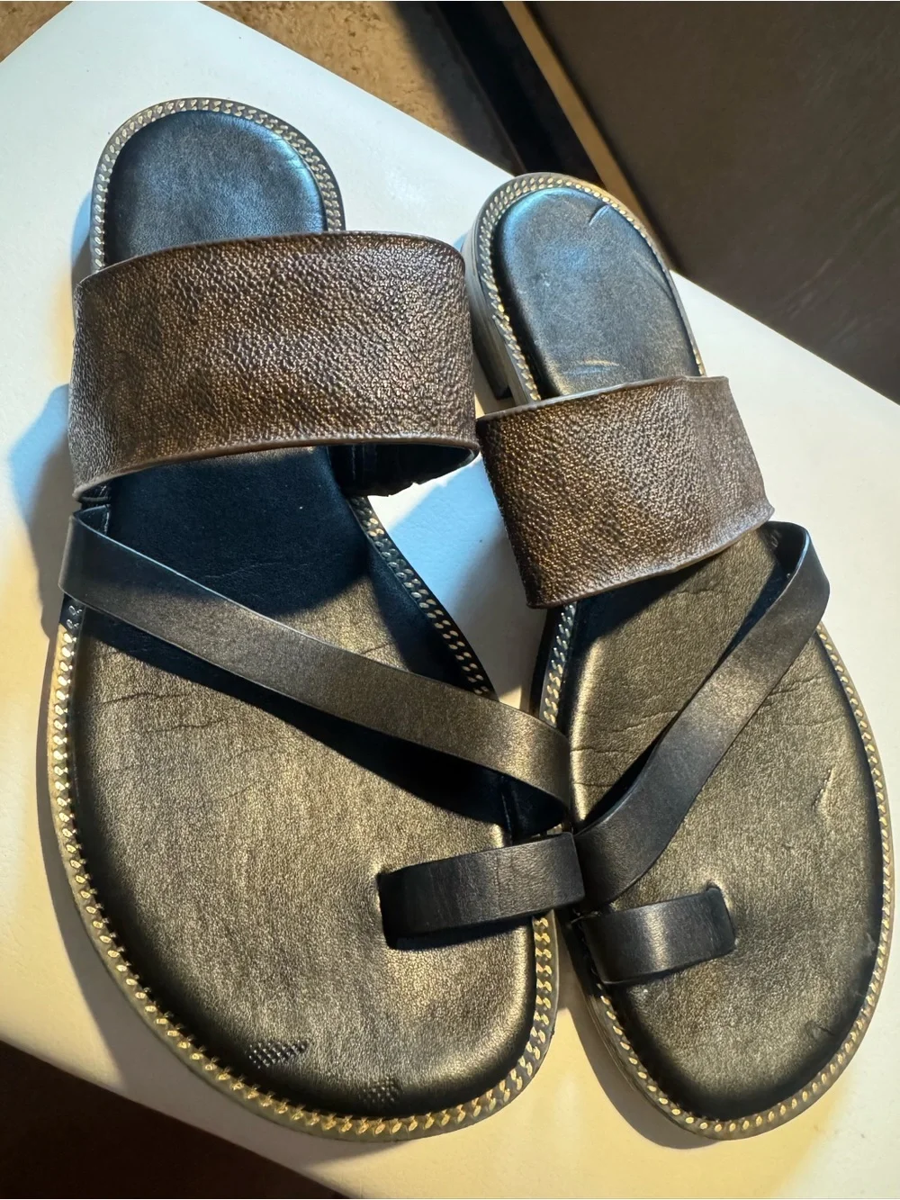 Michael Kors Two-Tone Black and Brown Leather Slide Sandals